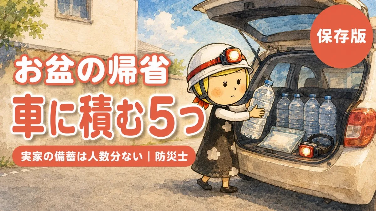 車のトランクに水のペットボトルを積む安心こちゃん