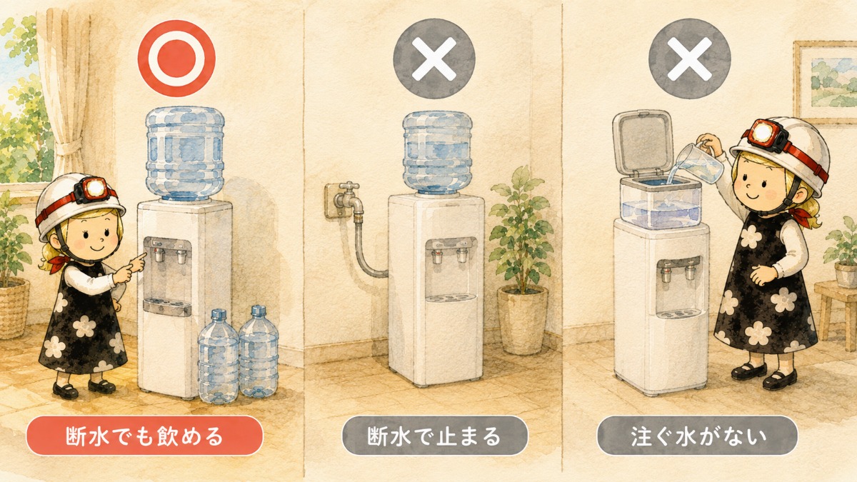 ウォーターサーバー3タイプの比較図解。宅配水型は断水でも飲める、水道直結型と浄水型は断水で使えない