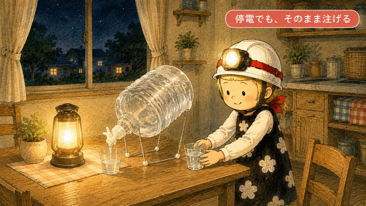 停電した夜、専用の台座(クレードル)に寝かせたボトルの先端のバルブから水を注ぐ様子