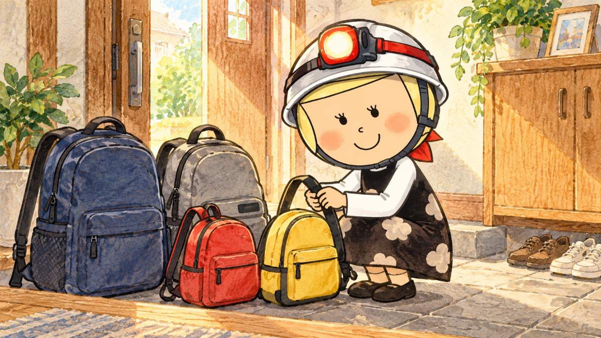 玄関に大きさの違う防災リュックを4つ並べて確かめる安心こちゃん