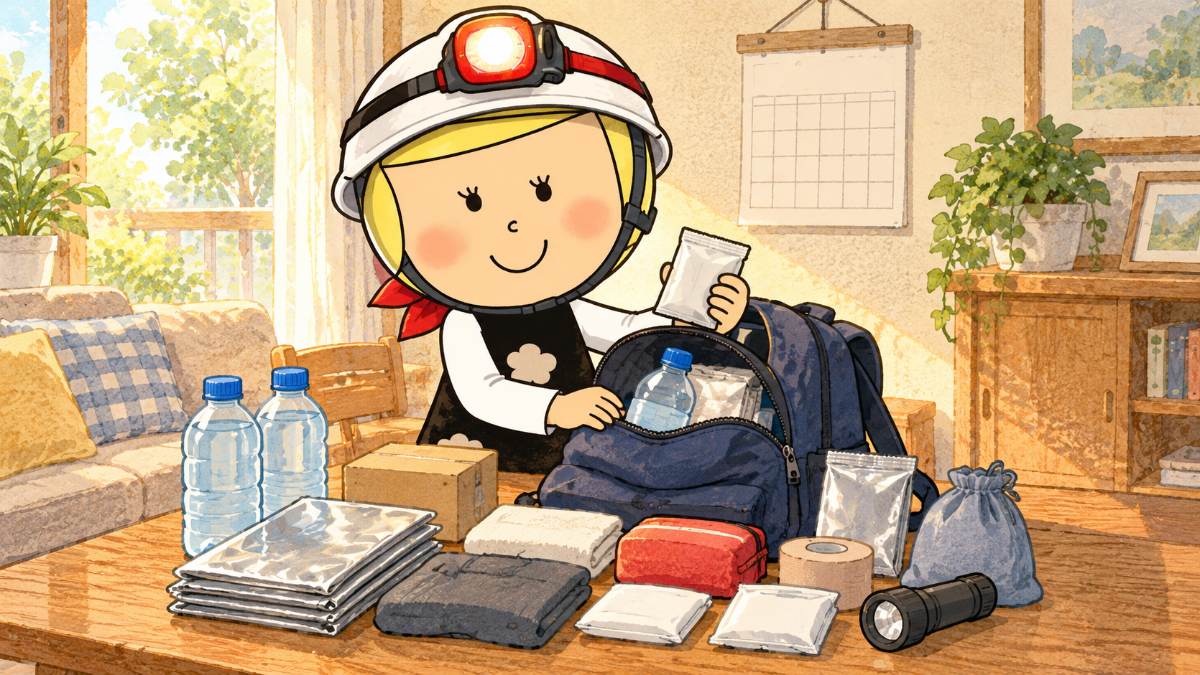 テーブルに防災リュックの中身を広げて季節の入れ替えをしている安心こちゃん