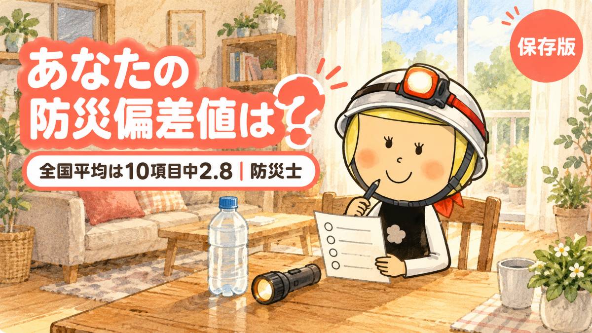明るいリビングで防災のチェックリストとペンを持って考えている安心こちゃん