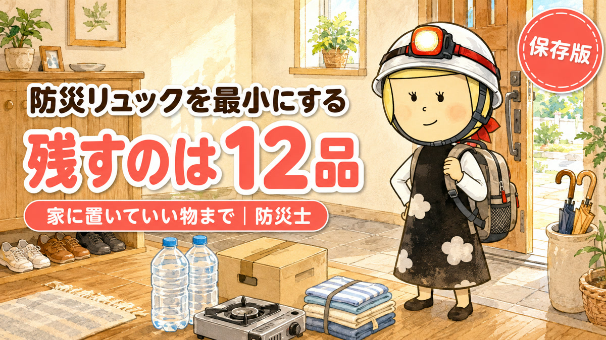防災リュックを最小にする|玄関で小さなリュックを背負う防災士・安心こちゃんの水彩イラスト