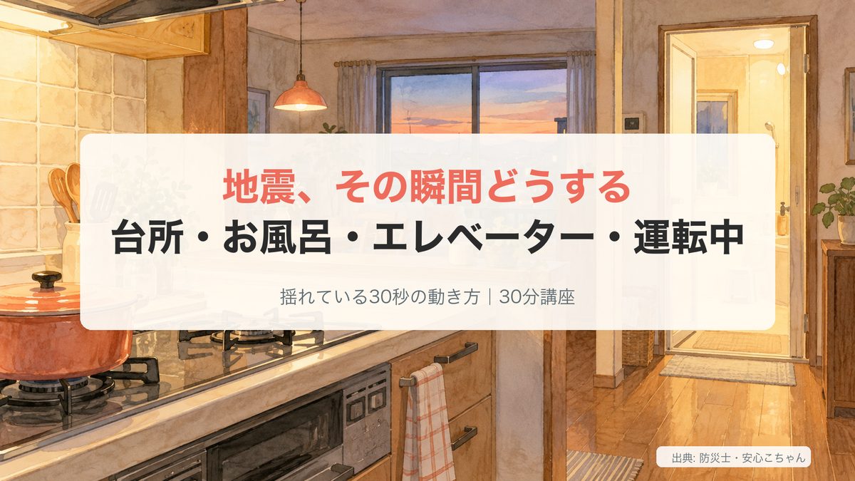 地震、その瞬間どうする（台所・お風呂・エレベーター・運転中）の講座スライドの表紙