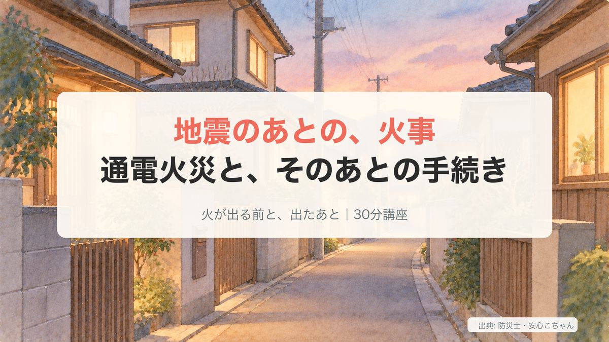 地震のあとの火事と、そのあとの手続きの講座スライドの表紙