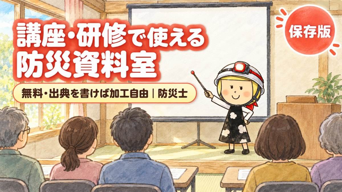 公民館で防災の講座をしている場面。安心こちゃんがスクリーンを指している