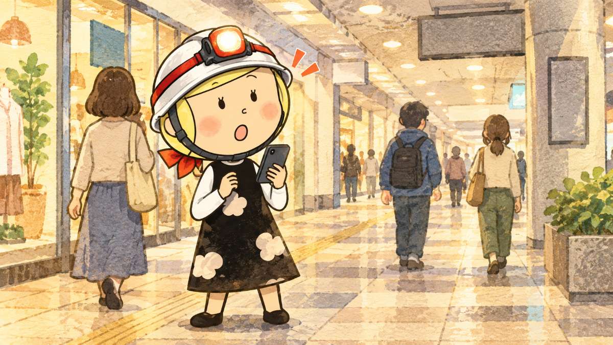 地下街の通路でスマホの緊急速報を見て顔を上げる安心こちゃん