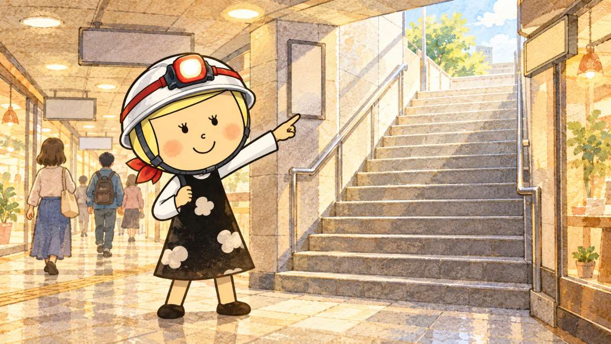 昼の地下街で、上へ向かう階段の前に立ち、出口を指さして確かめる安心こちゃん
