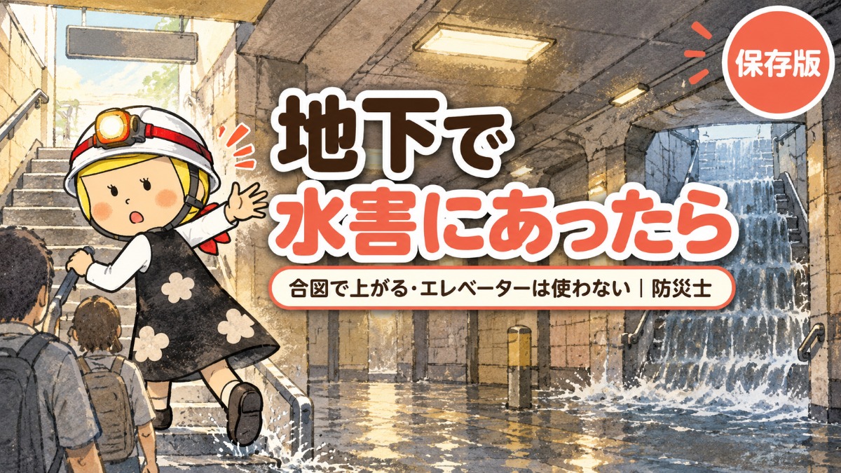 地下街の階段から水が流れ落ちる中、別の階段へ人を呼びながら駆け上がる防災士・安心こちゃんのイラスト