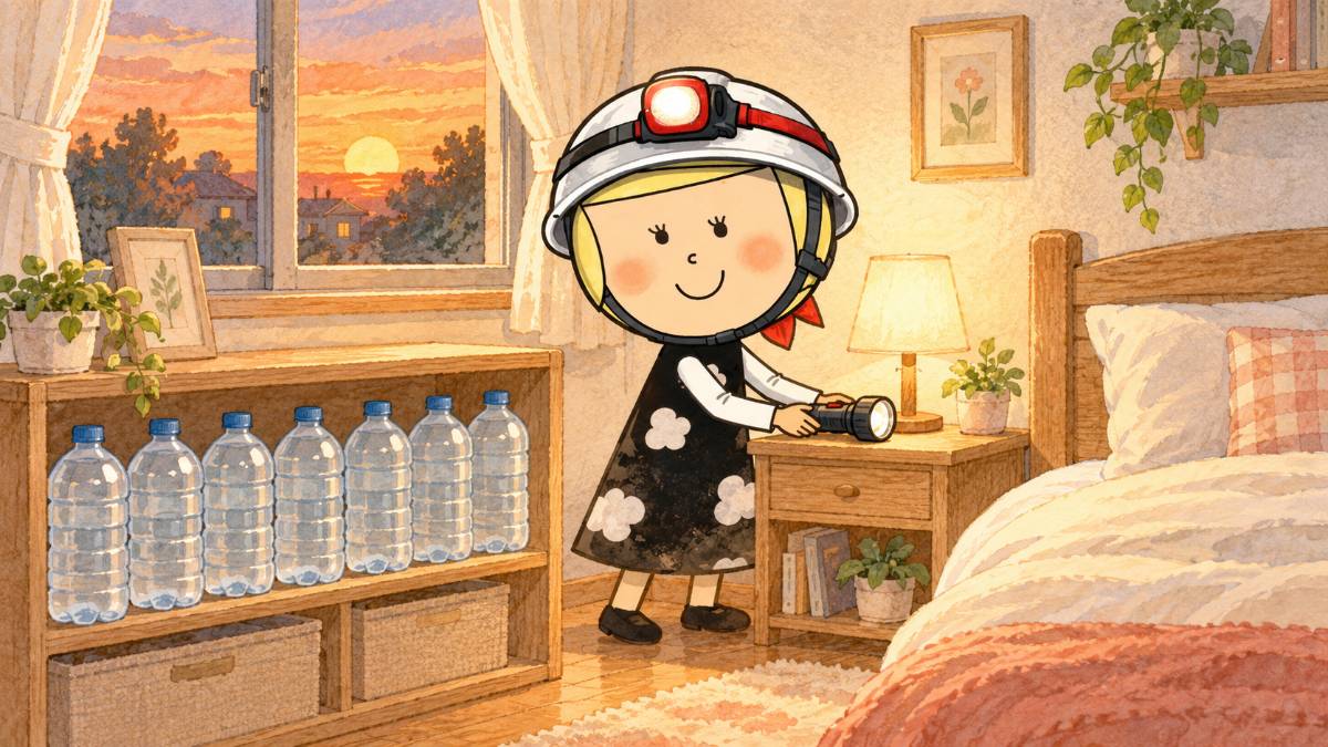 寝室の枕元に懐中電灯を1本置き、水のペットボトルを棚に並べる安心こちゃん