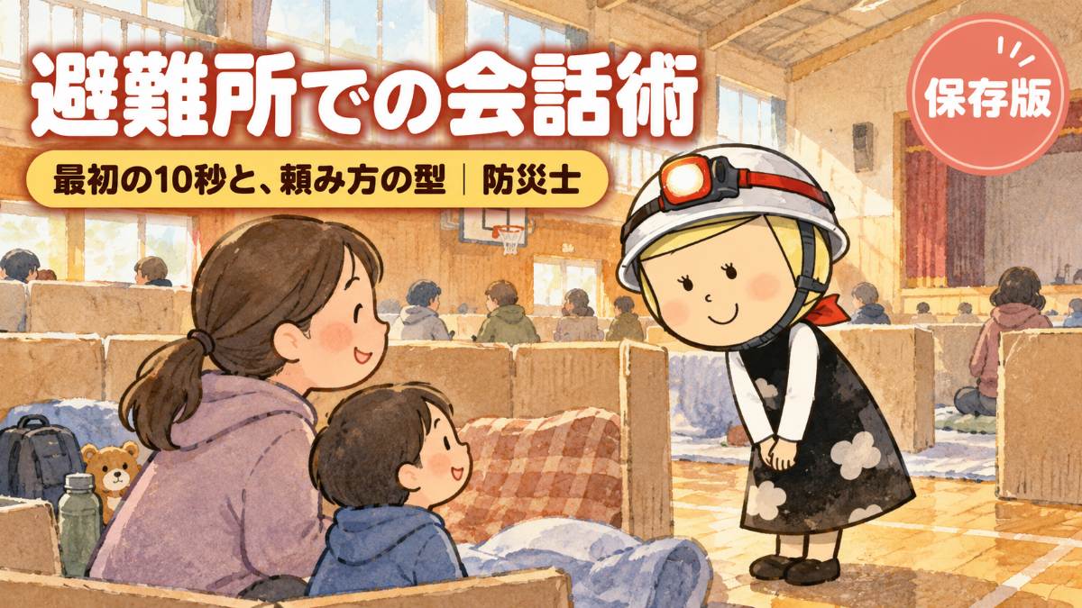 避難所の体育館で、隣の家族に軽くおじぎをして挨拶する防災士・安心こちゃん