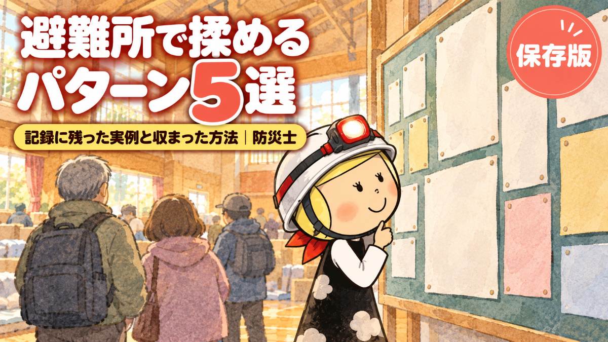 体育館の避難所の掲示板の前で、貼られた紙を見上げて読む安心こちゃん