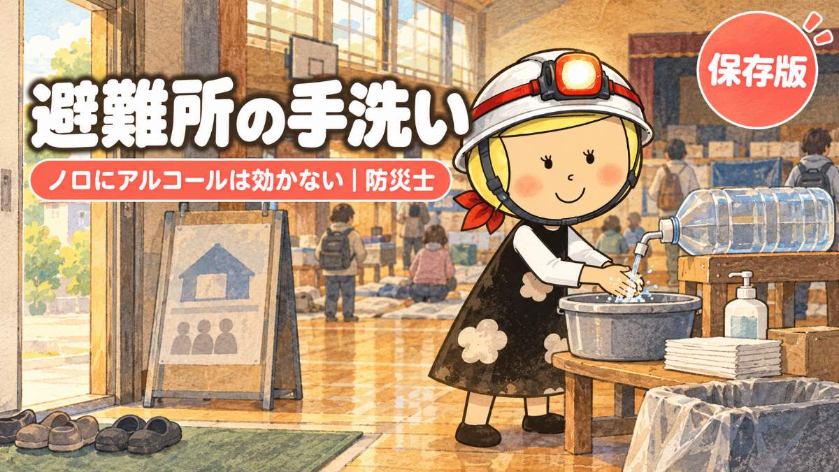 簡易の手洗い台でペットボトルの水で手を洗う安心こちゃん(避難所の体育館)