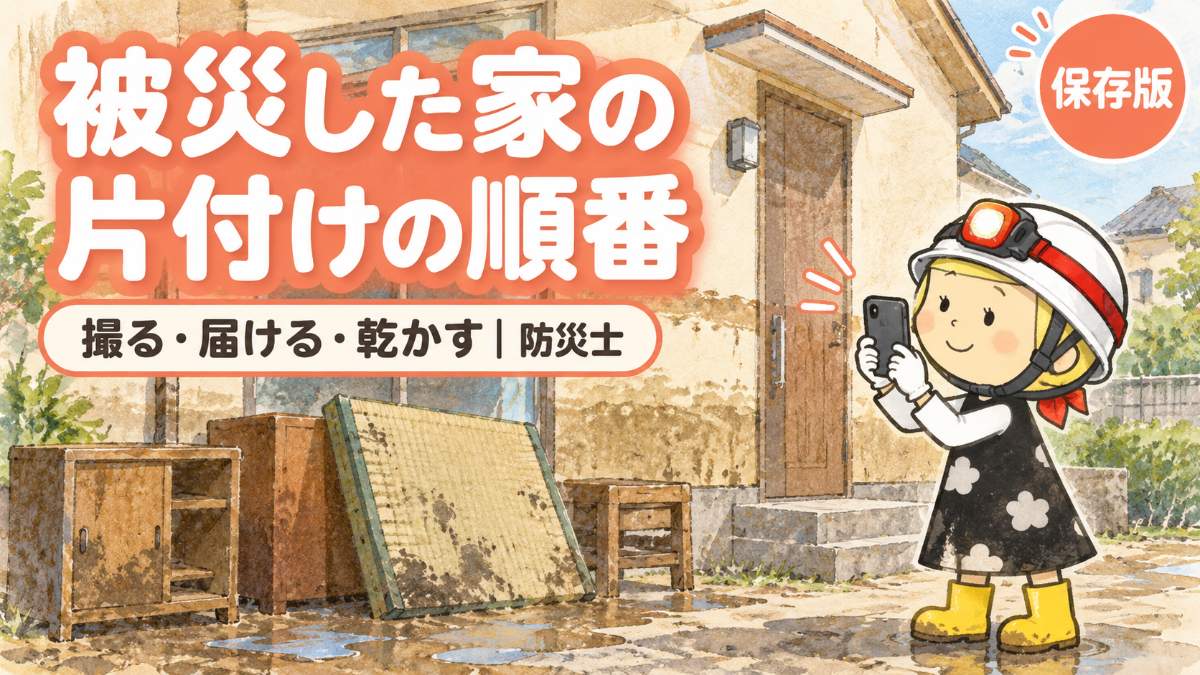 被災した家の片付けの順番。片付ける前に家の外観を撮る安心こちゃん