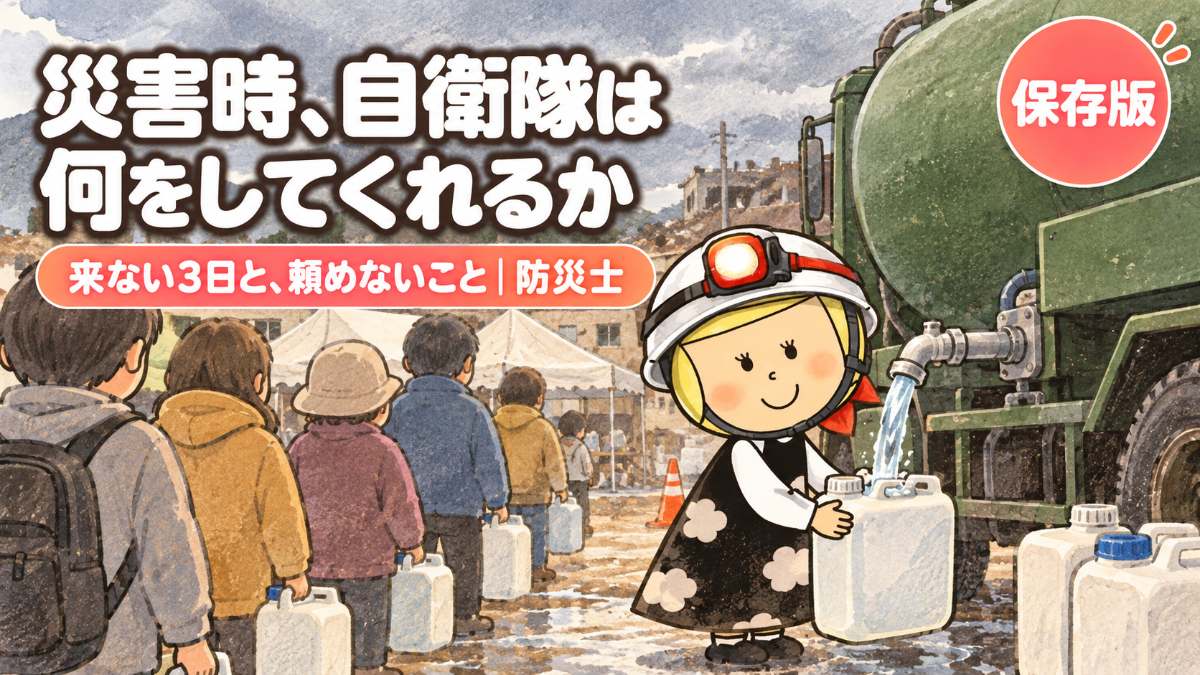 給水所で無地のポリタンクに水を受け取る安心こちゃん(災害時、自衛隊は何をしてくれるか)