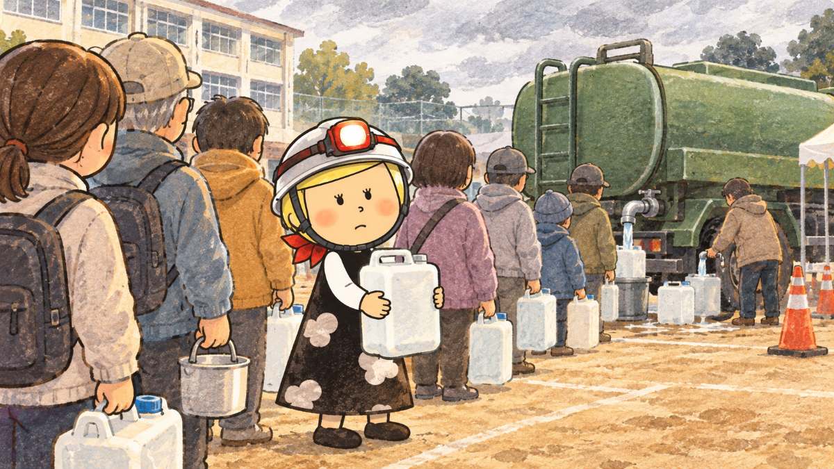 給水所で、ポリタンクを持って列に並ぶ住民と安心こちゃん