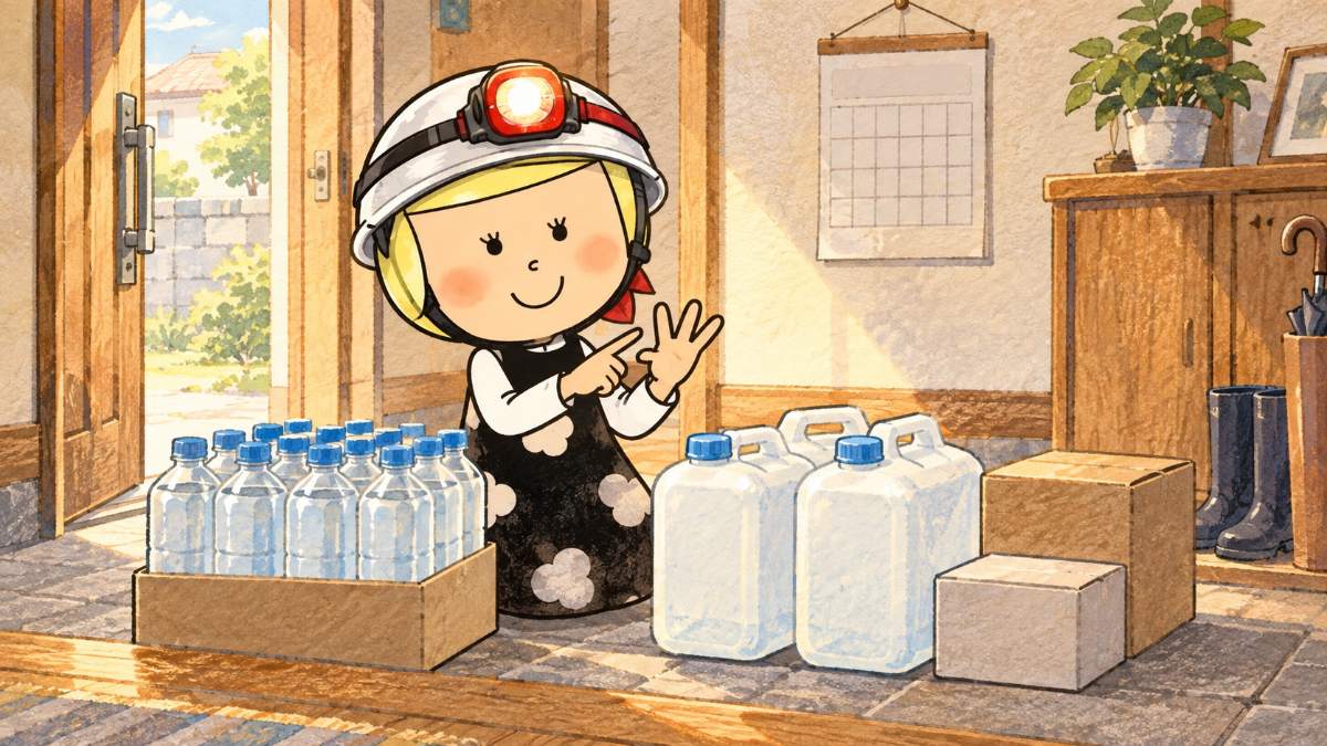 家の玄関で、水のケースとポリタンクと携帯トイレを3日分そろえて数える安心こちゃん