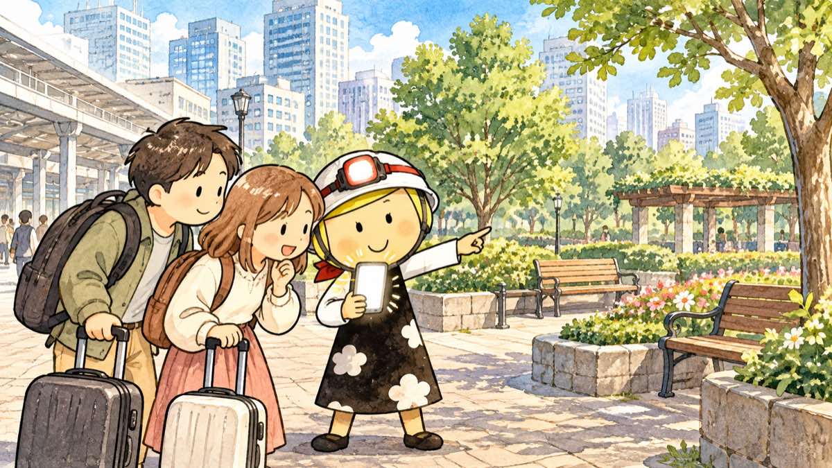 駅前の公園で、地図アプリを見ながら避難場所を確かめる安心こちゃんと旅行者