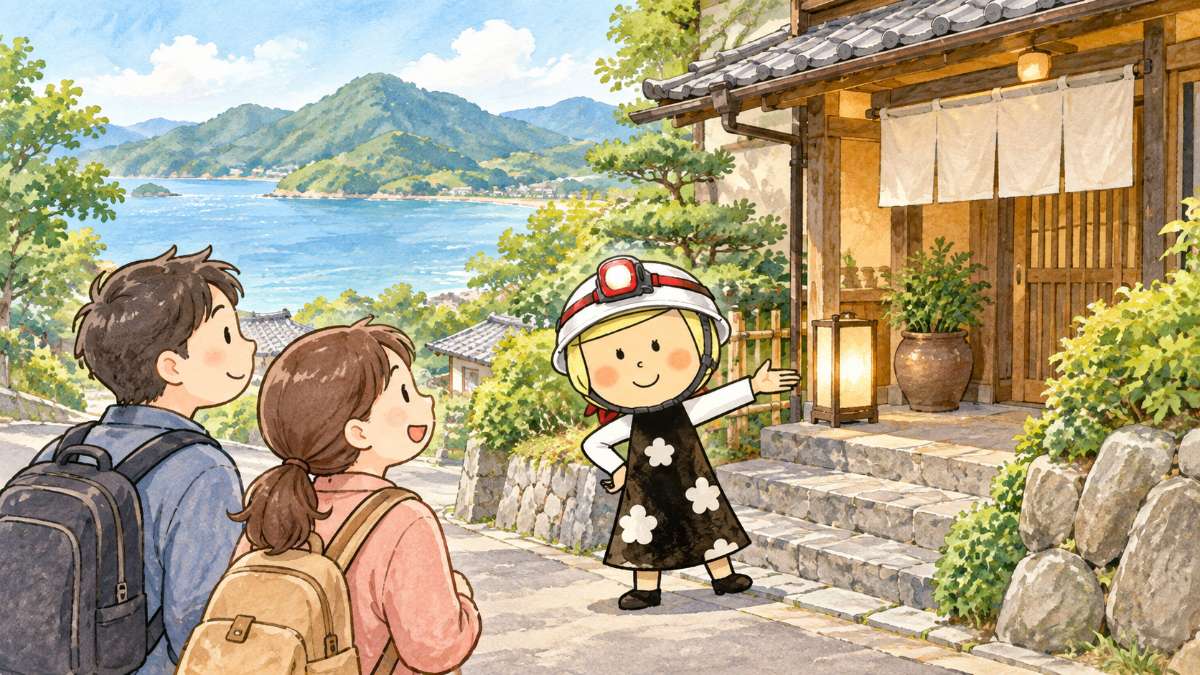 島の坂道を上がり、旅館の玄関へ案内される安心こちゃんと旅行者