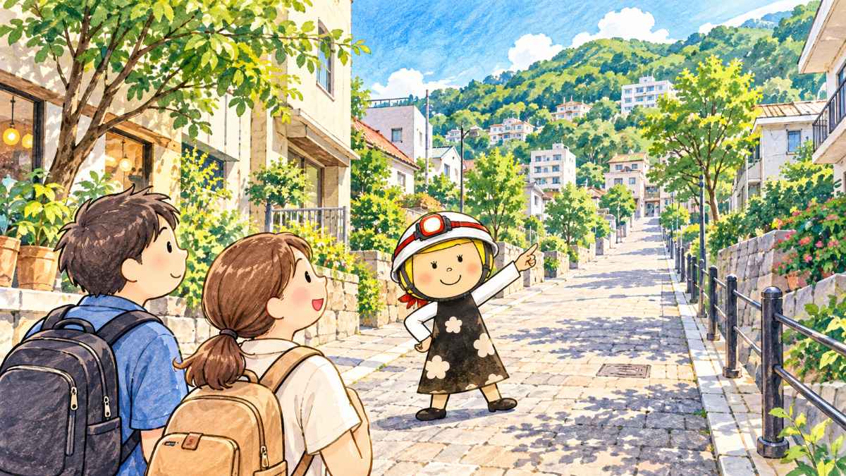 商店の並ぶ通りから、山のほう(北)へ坂を上がる安心こちゃんと旅行者