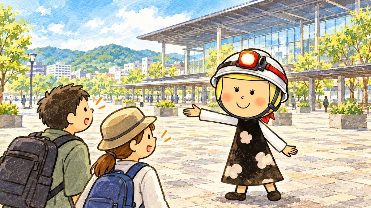 駅前の広い広場で、建物から離れた側へ旅行者を案内する安心こちゃん