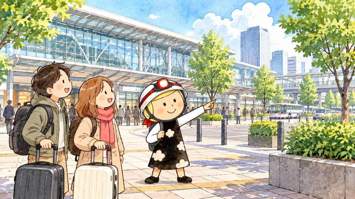 大きな駅前広場から駅に背を向けて歩き出す安心こちゃんと旅行者