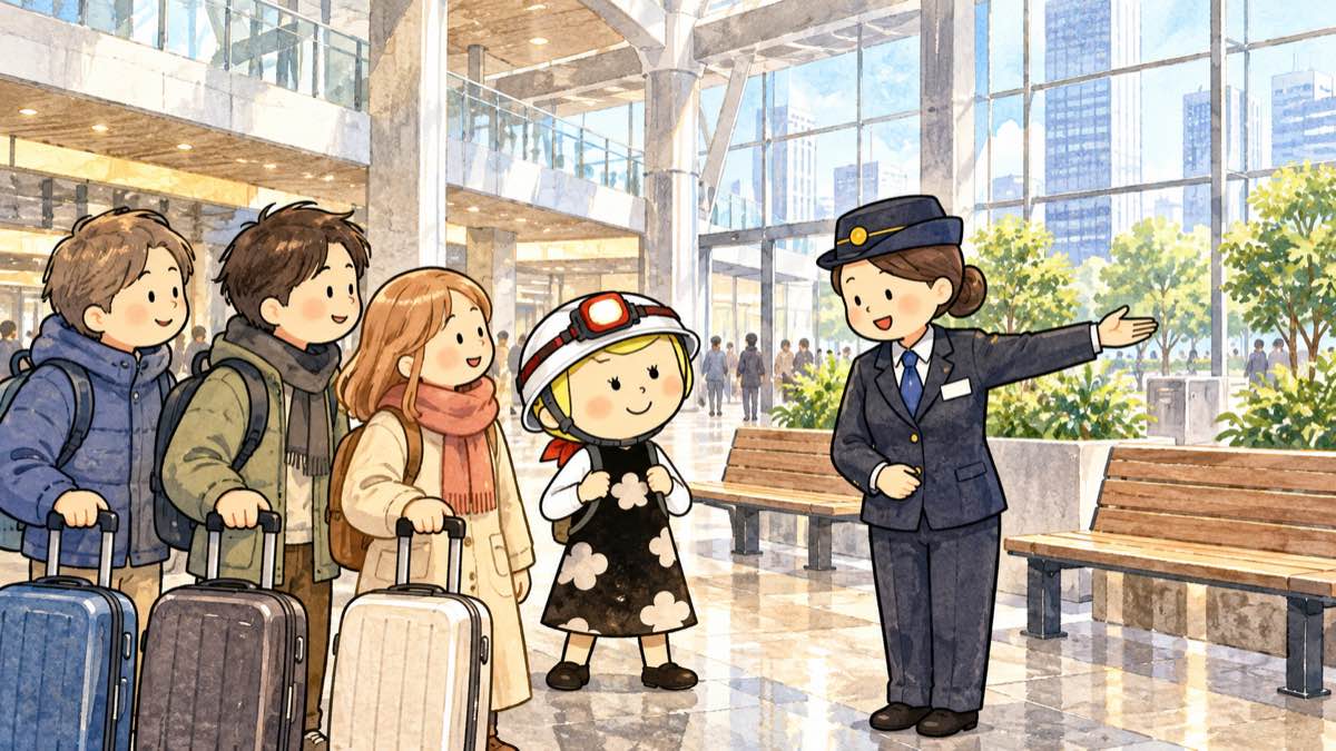 大きな駅ビルの中で、係員の案内を聞いて屋内で待つ旅行者と安心こちゃん