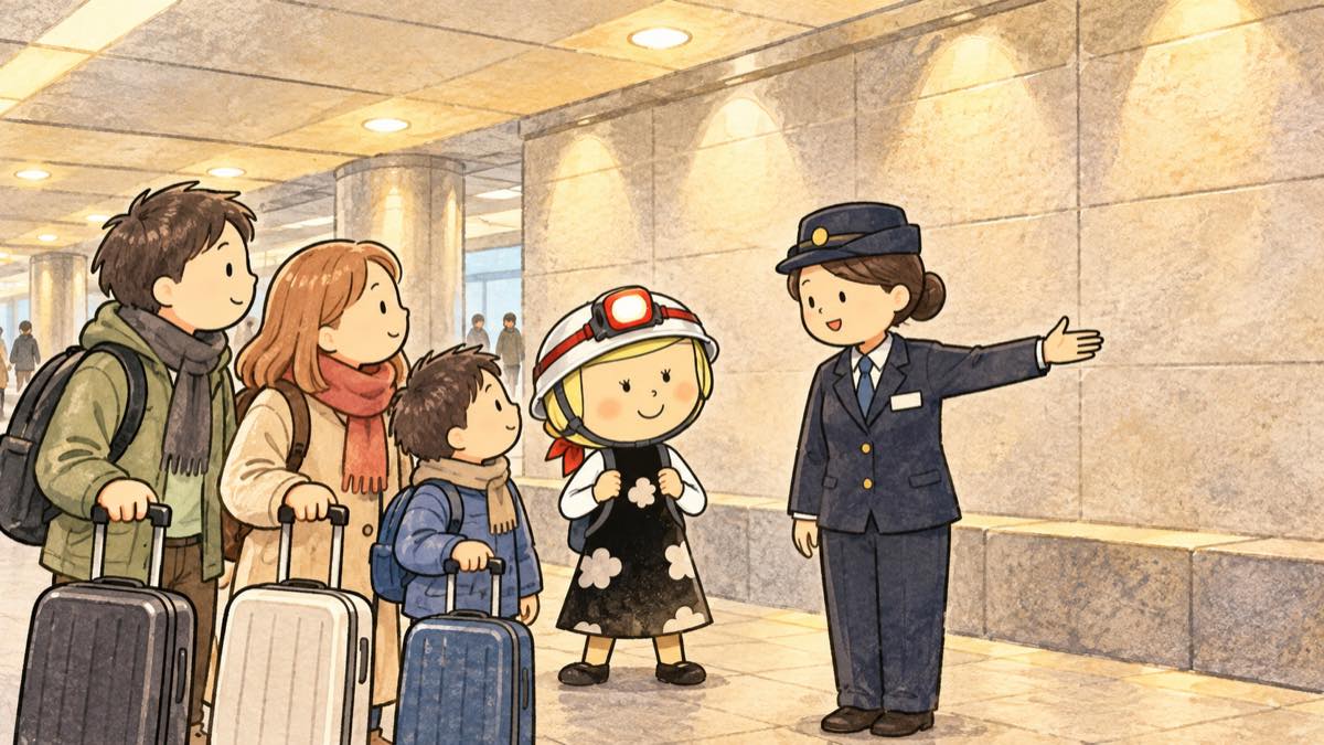 地下通路の広い場所で、係の人の案内を聞いて待つ旅行者と安心こちゃん