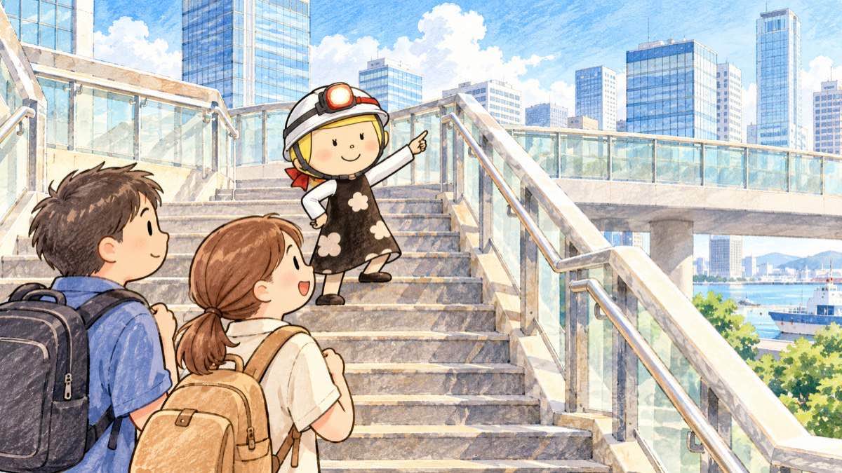 駅前の歩道橋デッキの階段を上がる安心こちゃんと旅行者