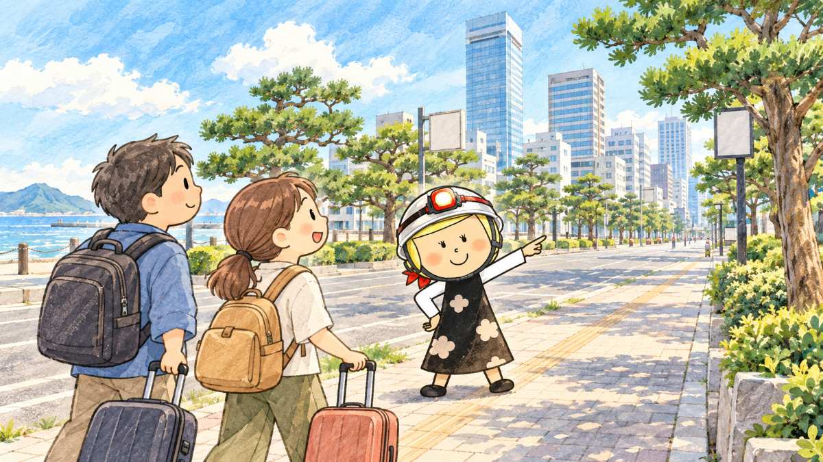 港の近くの広い通りを、海から離れる方向へ歩く安心こちゃんと旅行者