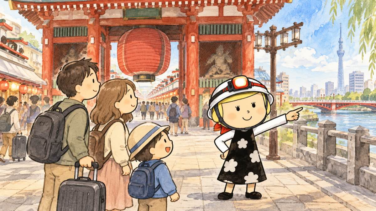 浅草の仲見世で、隅田公園の方向を指さして家族に伝える安心こちゃん