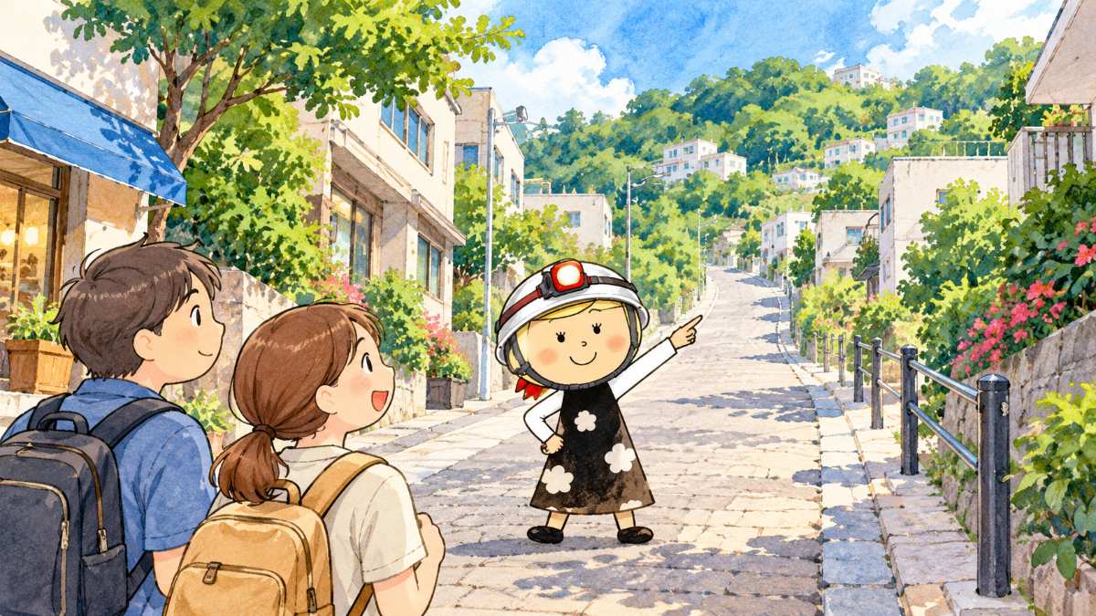 商店の並ぶ通りから、丘の方向へ坂を上がる安心こちゃんと旅行者
