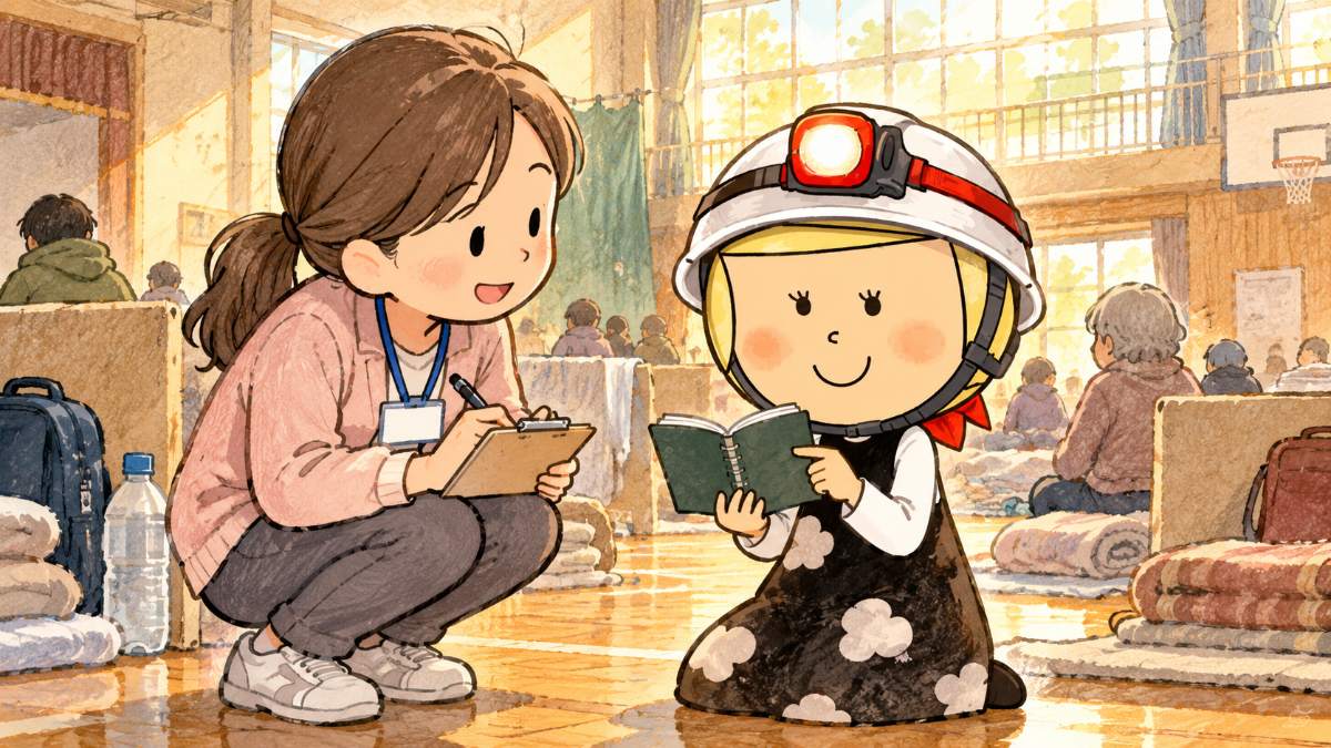 避難所で巡回に来た保健師にお薬手帳を見せて話す安心こちゃん