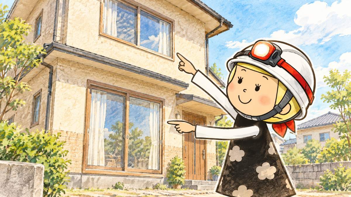 家の前で1階と2階の窓を指さし、浸水の深さの目安を確かめる安心こちゃん
