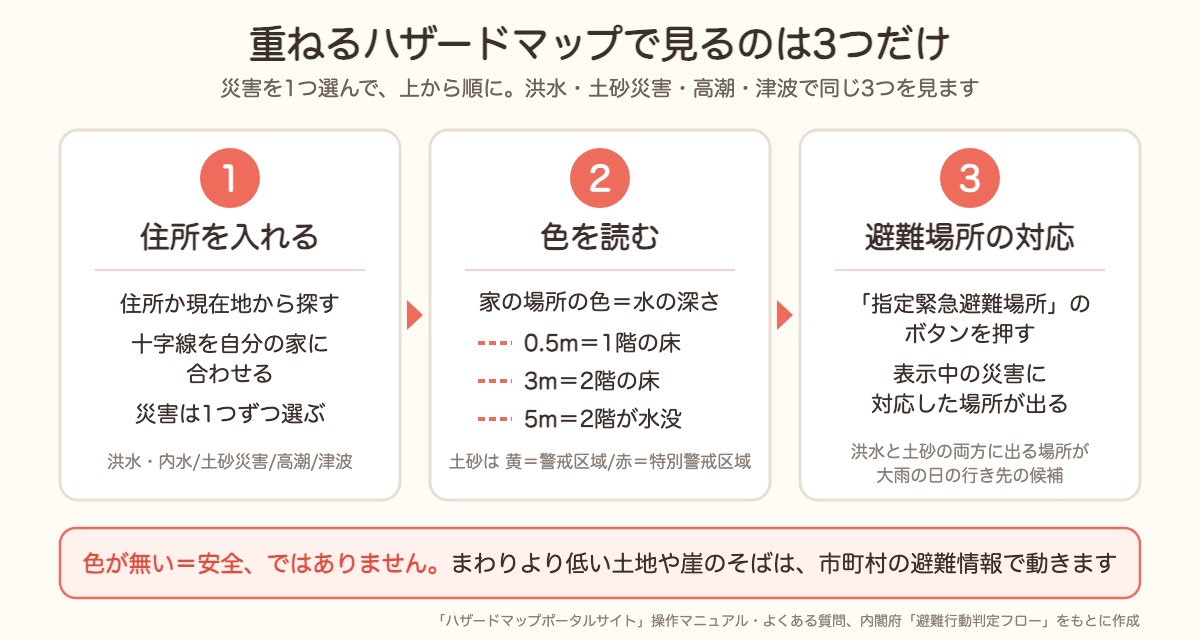 重ねるハザードマップで見る3つの手順。住所を入れる、色を読む、避難場所がその災害に対応しているかを見る