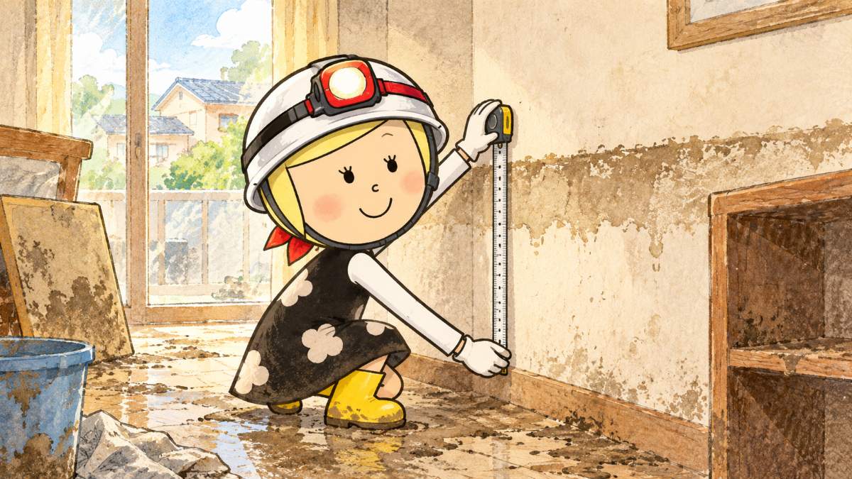 浸水した部屋の壁に残った水の跡に巻き尺を当てて、浸水の高さを記録する安心こちゃん