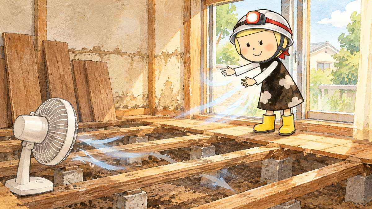 床板を外した部屋で窓を開け、扇風機で床下に風を送って乾かしている安心こちゃん