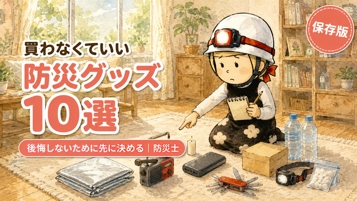 買わなくていい防災グッズ10選|防災士が床に並べた防災グッズを選り分けている水彩イラスト