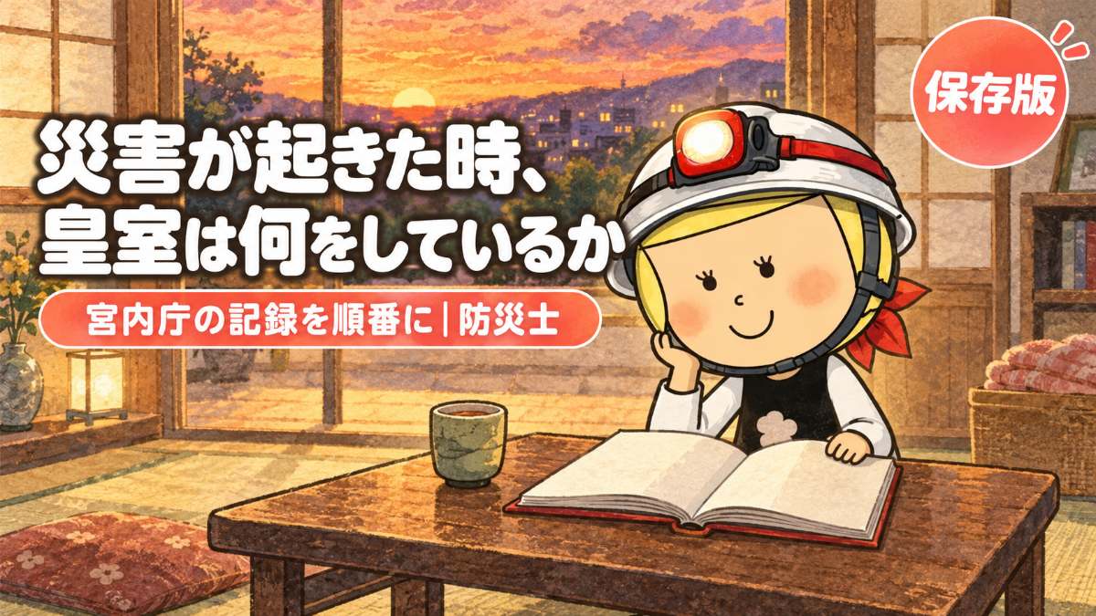夕方の和室で記録帳を読む安心こちゃん(災害が起きた時、皇室は何をしているか)