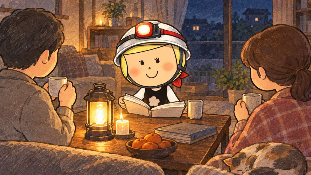 停電中の夜のリビングで、家族がろうそくとランタンの明かりで静かに過ごしている場面