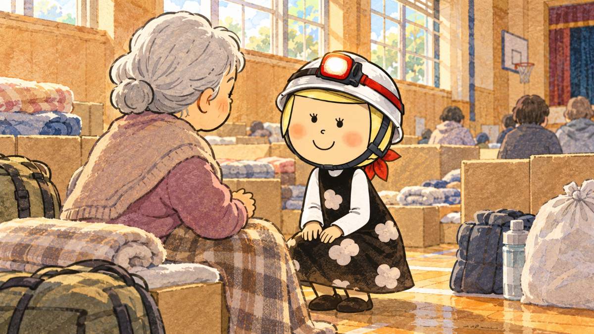 避難所で、座っている高齢の女性の話を、しゃがんで目線を合わせて聞く安心こちゃん