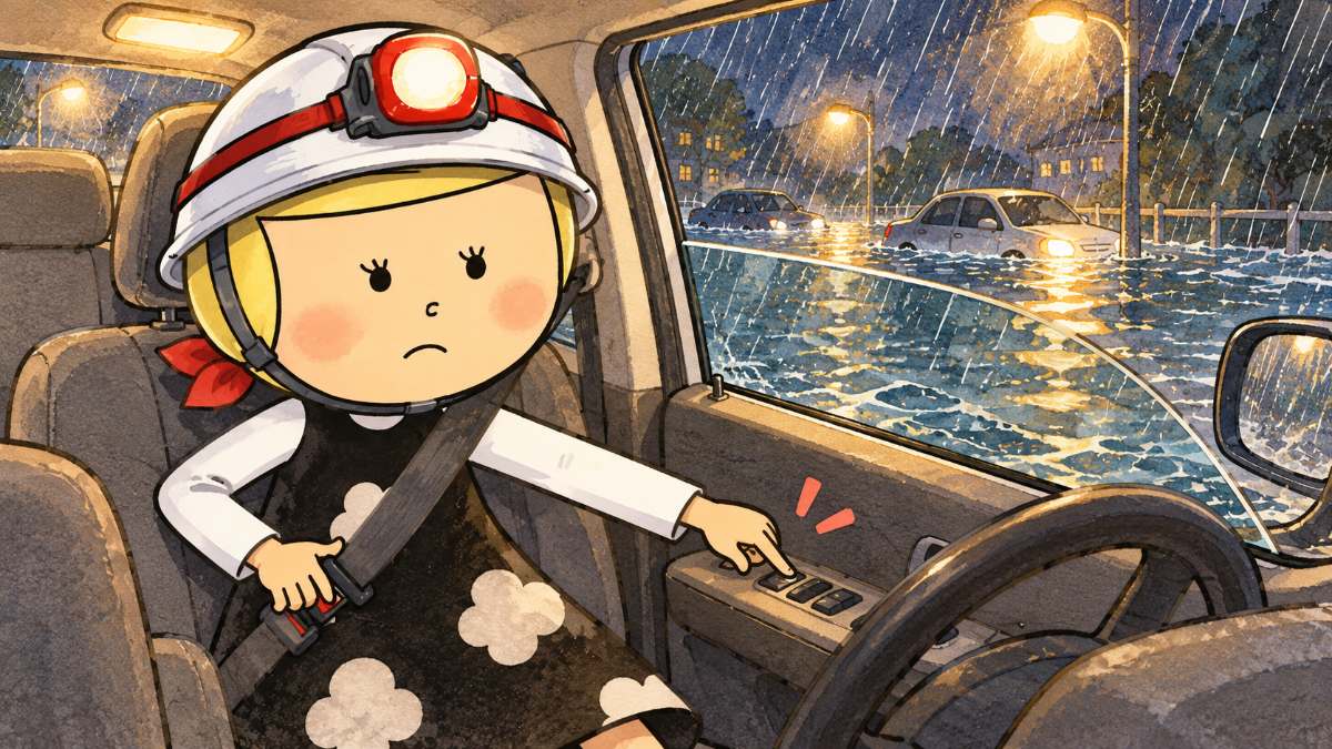 冠水した夜の道路で止まった車の中で、シートベルトを外しながら窓を開ける安心こちゃん