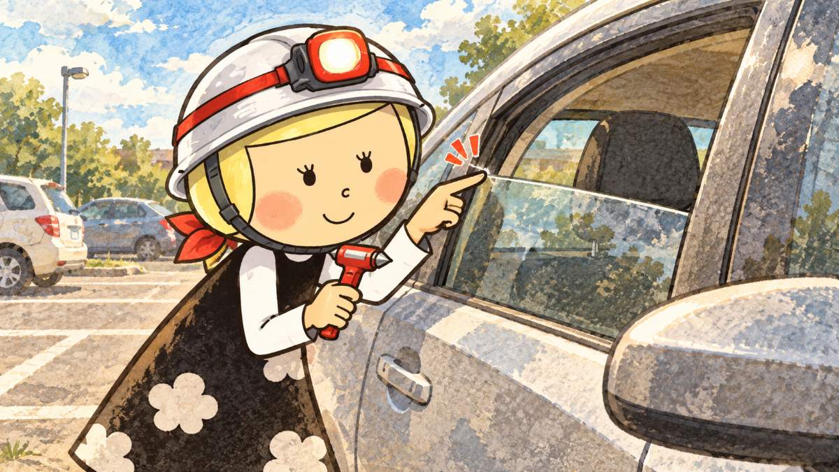 昼の駐車場で運転席の窓を半分下げ、窓の隅の刻印を指でさして確かめる安心こちゃん