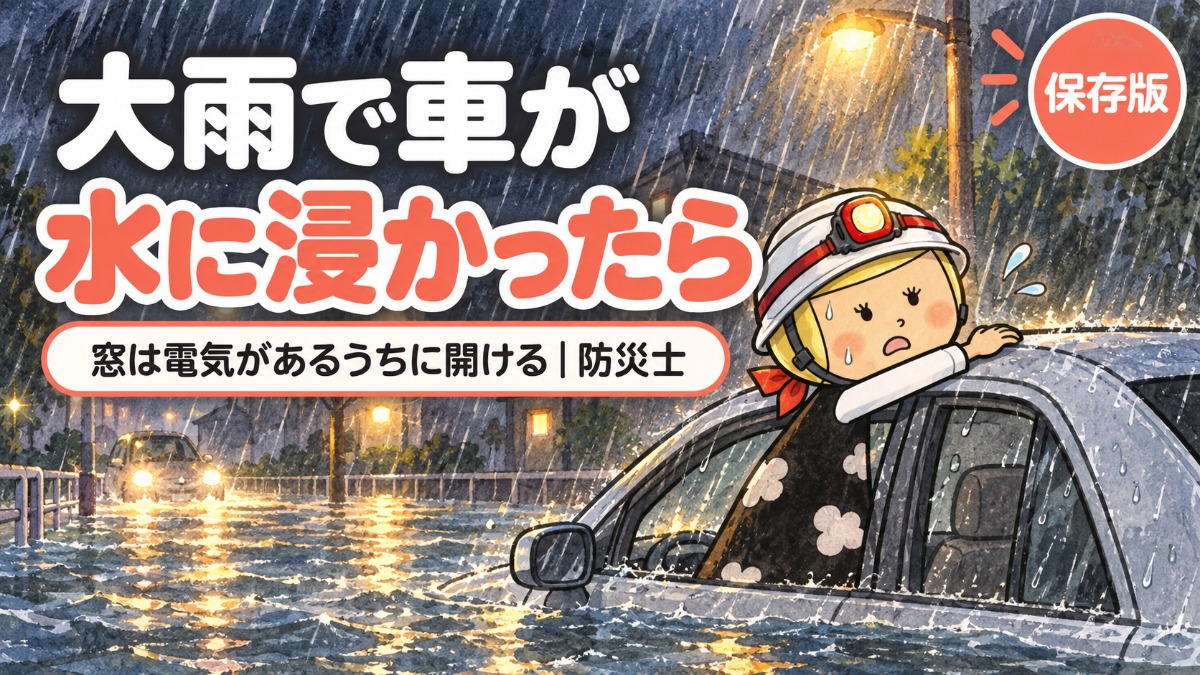 大雨で冠水した道路で、車の窓から出て屋根に上ろうとしている防災士・安心こちゃんのイラスト