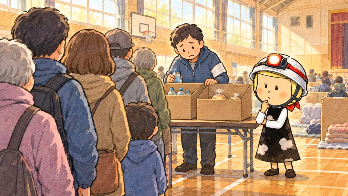 避難所で配給の列に並ぶ人たちと、箱の中の少ない物資を数えて困る運営の人