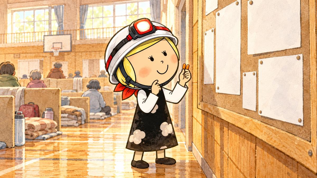 避難所の掲示板の前で生活ルールの紙を読み、耳栓を手に持つ安心こちゃん