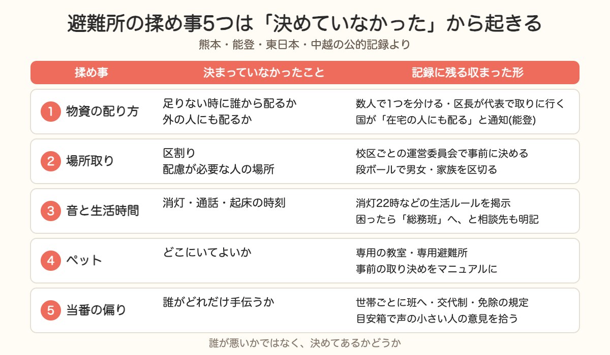 避難所の揉め事5つ(物資・場所取り・音・ペット・当番)と、決まっていなかったこと、収まった形の一覧図