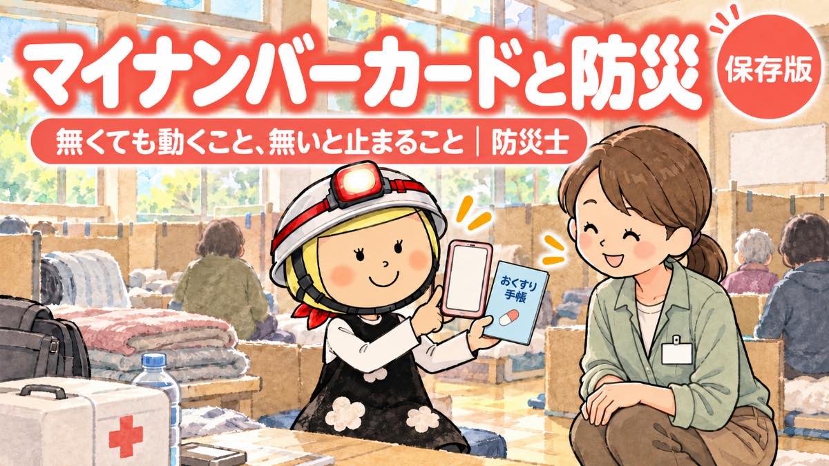 マイナンバーカードと防災。避難所でスマホとおくすり手帳を見せる安心こちゃんと支援員