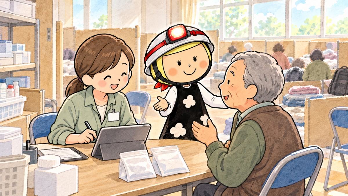 避難所で薬剤師がカードを持たない被災者から名前と生年月日を聞き、端末で薬の記録を確かめている場面