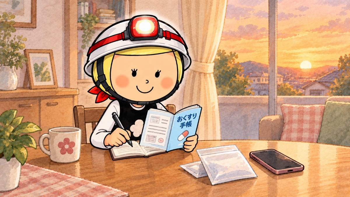 自宅の机で、お薬手帳の裏表紙にアレルギーと副作用を書き足している安心こちゃん
